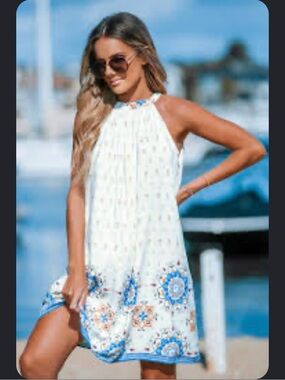 Cupshe White Blue Floral A-Line Dress Halter Tie Sleeveless Short Pleated M